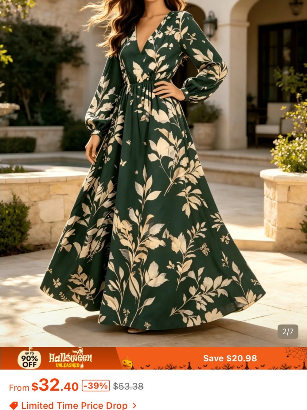 SHEIN Green Maxi Dress with Cream Floral Print